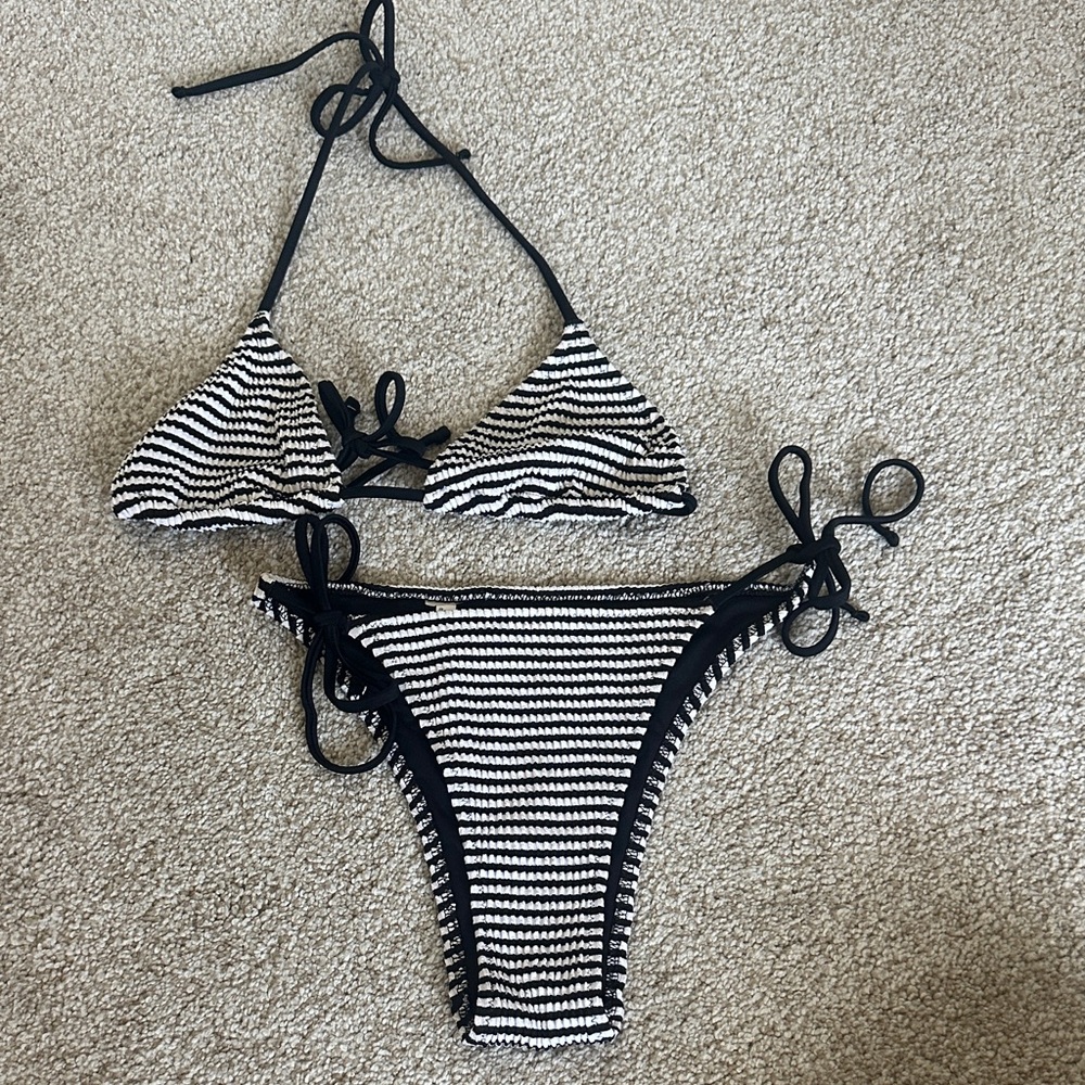 aerie Black & White Striped Crinkle Bikini Set